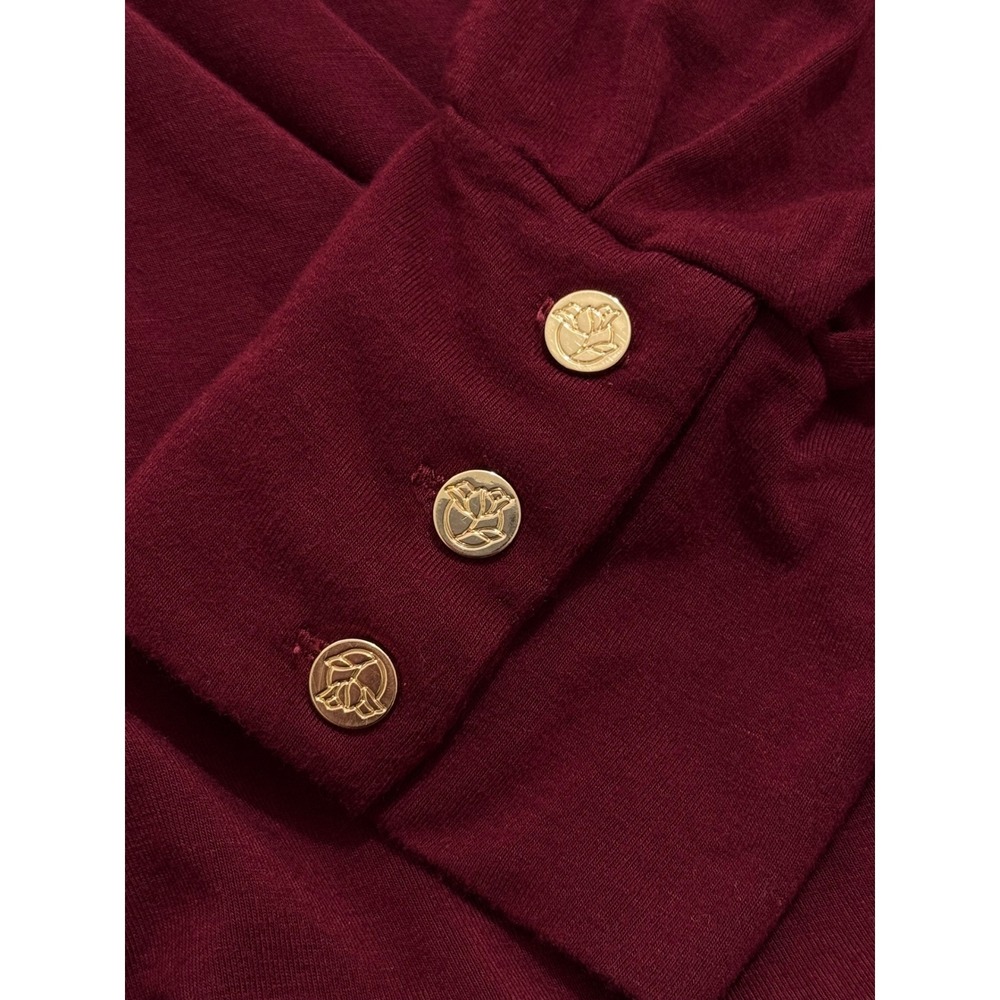 Draper James Burgundy Mock Neck Blouse L Long Sleeve Knit Top Gold Button Cuffs - Picture 5 of 9